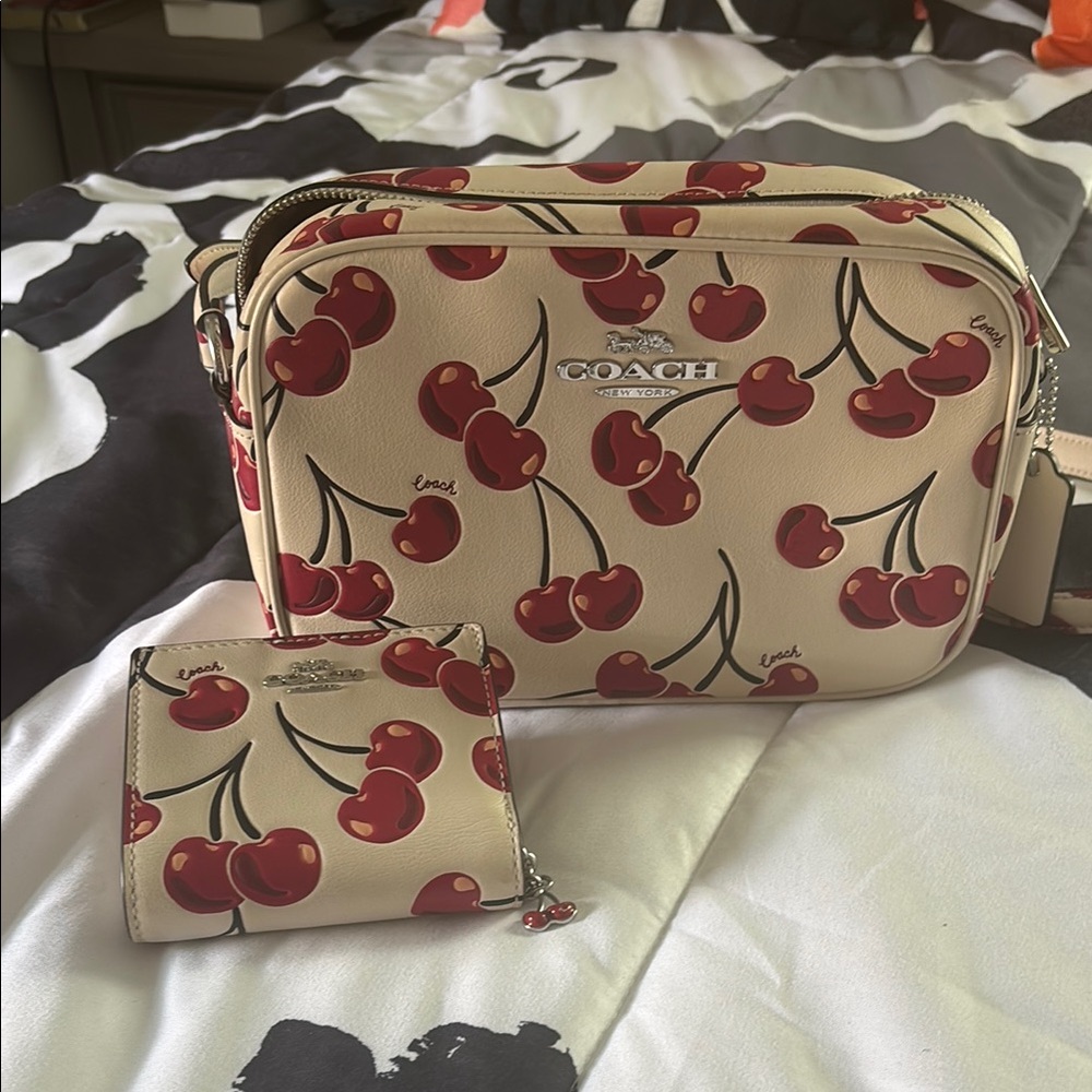 Coach Cream and Red Cherry Print Crossbody Bag and small matching wallet